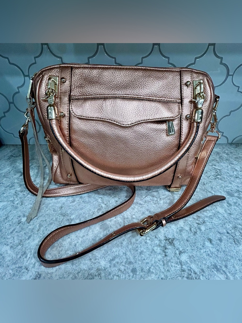 Rebecca Minkoff Cupid Satchel Crossbody Bag Rose Gold Leather RARE Find